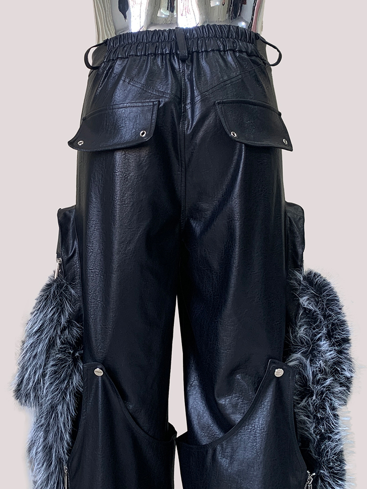 Leather Work Pants - Nerazzurri Autumn Cool Baggy Faux Fur