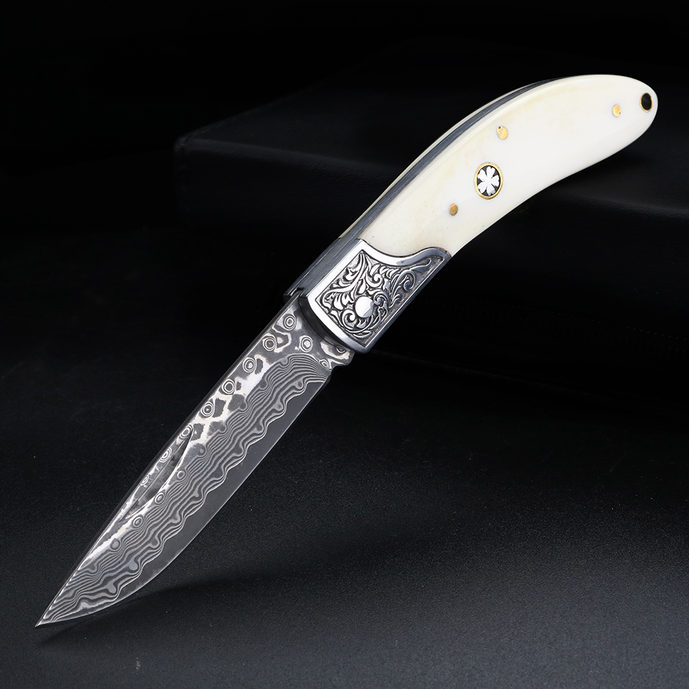 Bone Folder Tool - Bull Bone Damascus Steel Folding Knife,