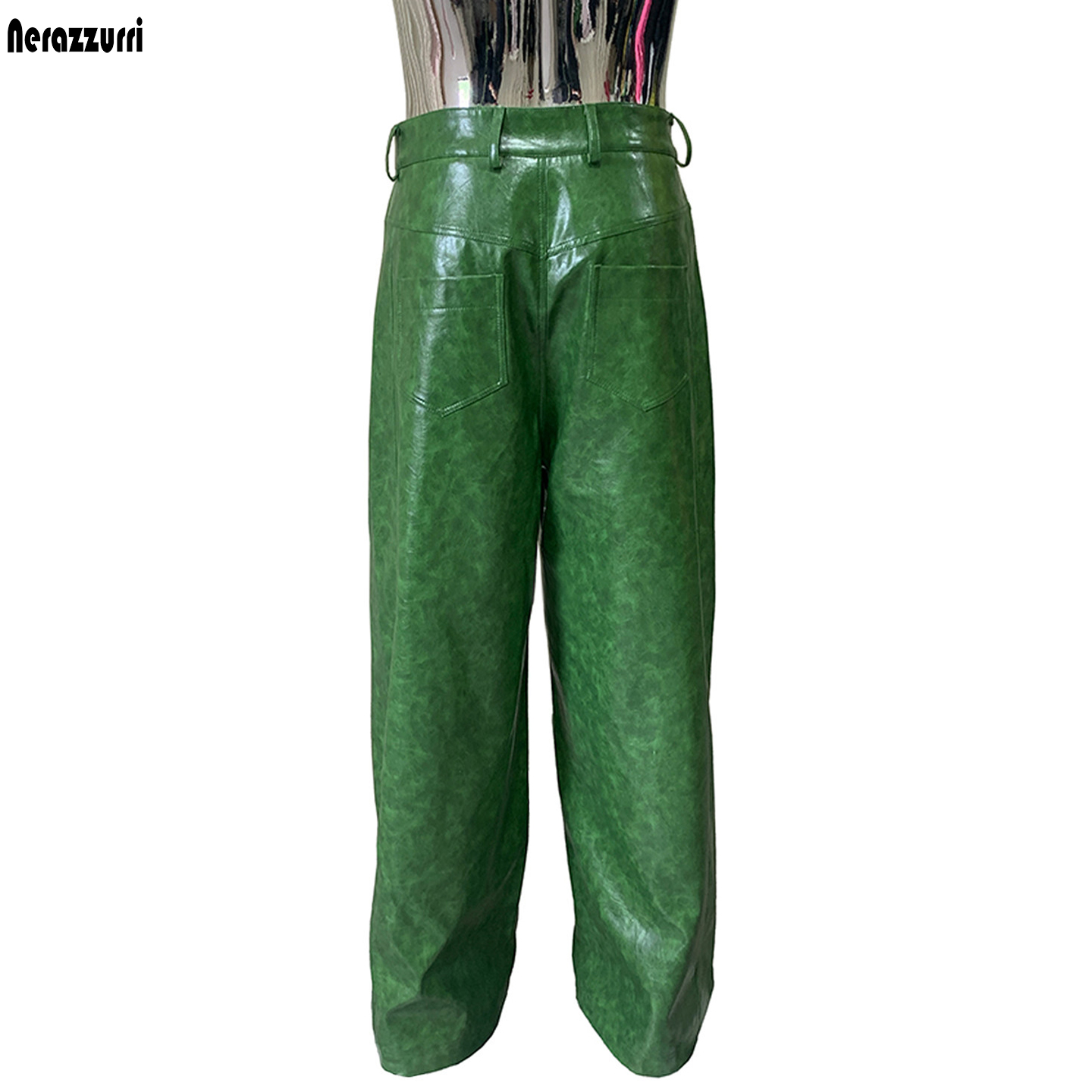 Leather Work Pants - Nerazzurri Autumn Waterproof Baggy Long Shiny